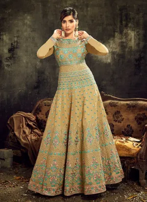 Mustard Embroidered Kalidar Anarkali Style Suit
