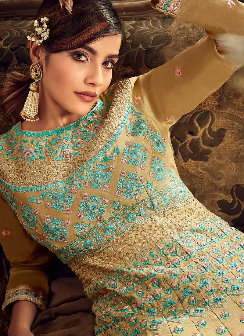 Mustard Embroidered Kalidar Anarkali Style Suit