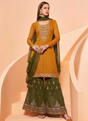 Mustard-Green Sequins Embroidered Gharara Style Suit