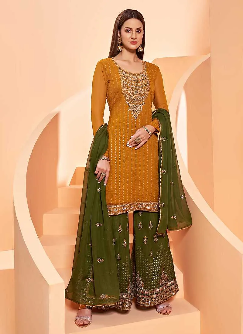 Mustard-Green Sequins Embroidered Gharara Style Suit
