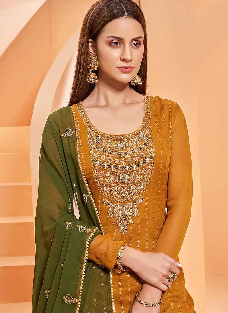 Mustard-Green Sequins Embroidered Gharara Style Suit