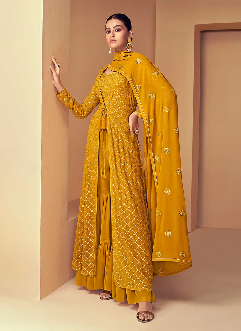Mustard Sequins Embroidered Jacket Style Designer Suit