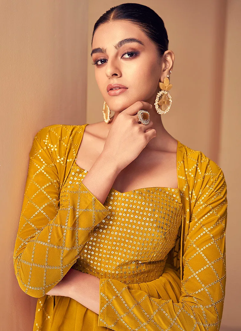 Mustard Sequins Embroidered Jacket Style Designer Suit