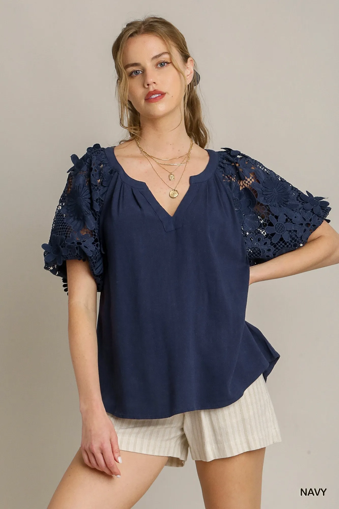 Navy Blue Linen Blend Top w/ Floral Lace Puff Sleeves