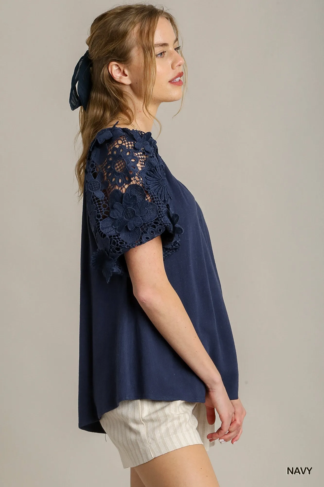 Navy Blue Linen Blend Top w/ Floral Lace Puff Sleeves