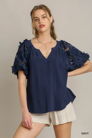 Navy Blue Linen Blend Top w/ Floral Lace Puff Sleeves