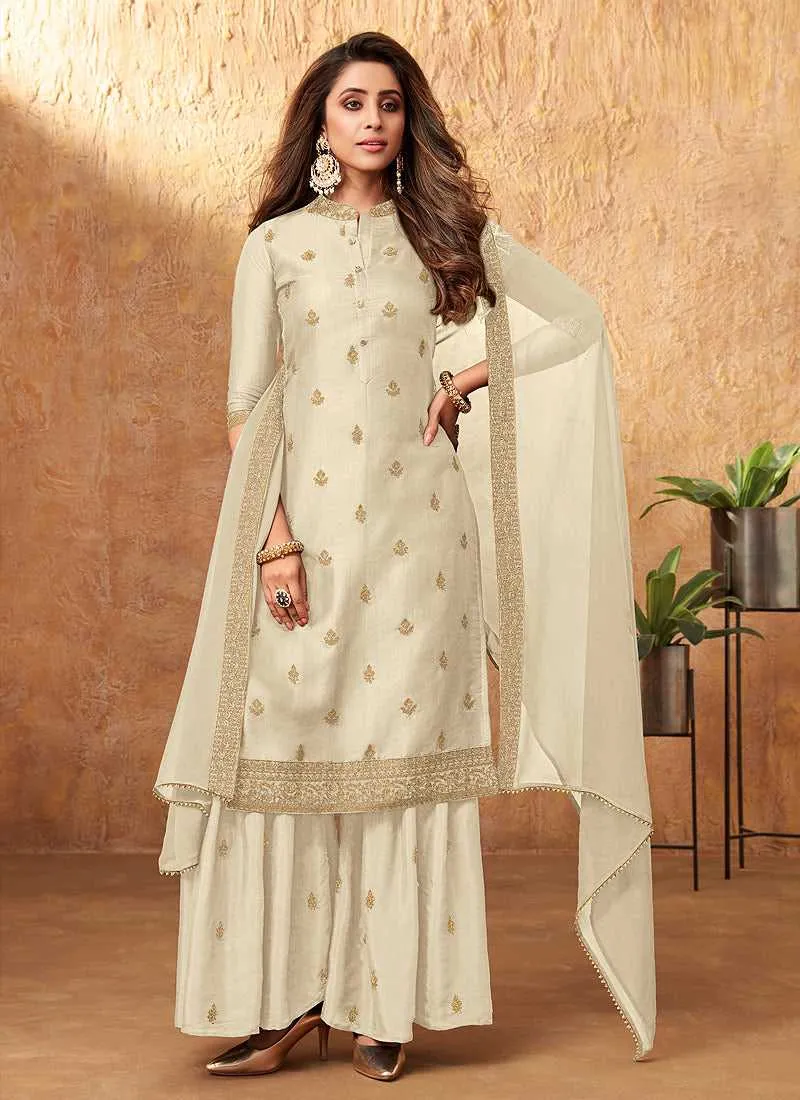 Off White Embroidered Silk Palazzo Style Suit