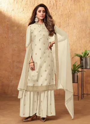 Off White Embroidered Silk Palazzo Style Suit