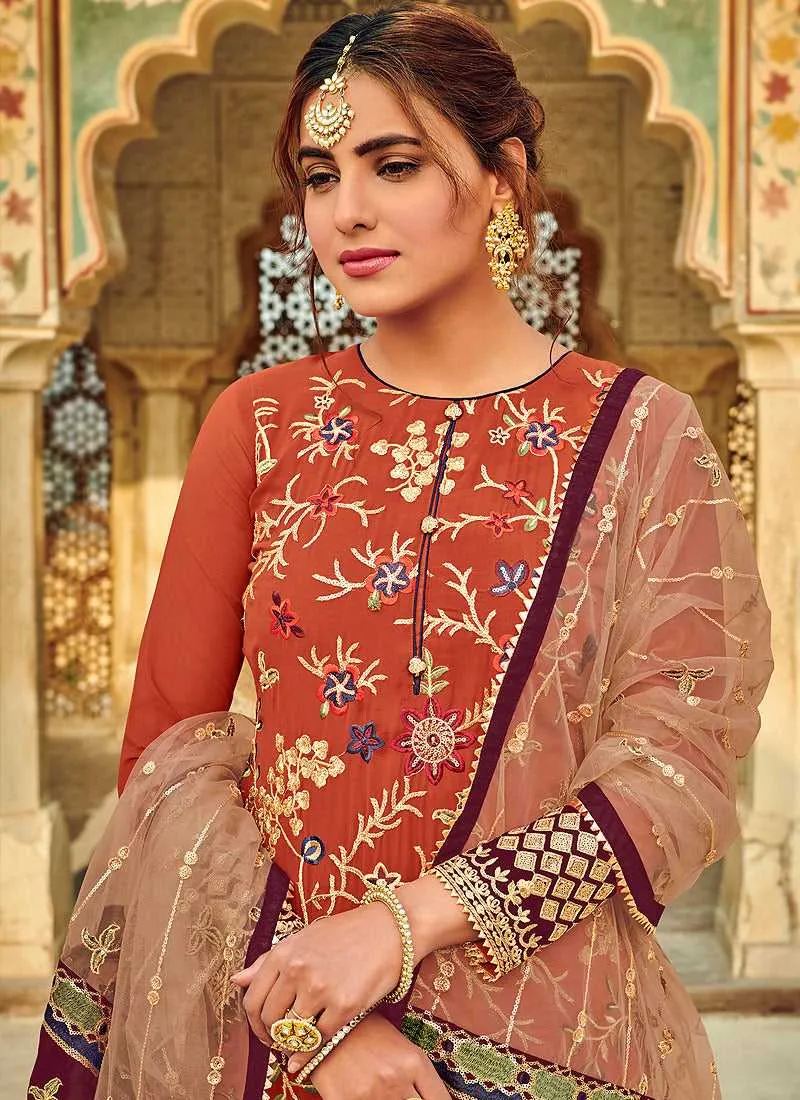 Orange Embroidered Palazzo Style Suit