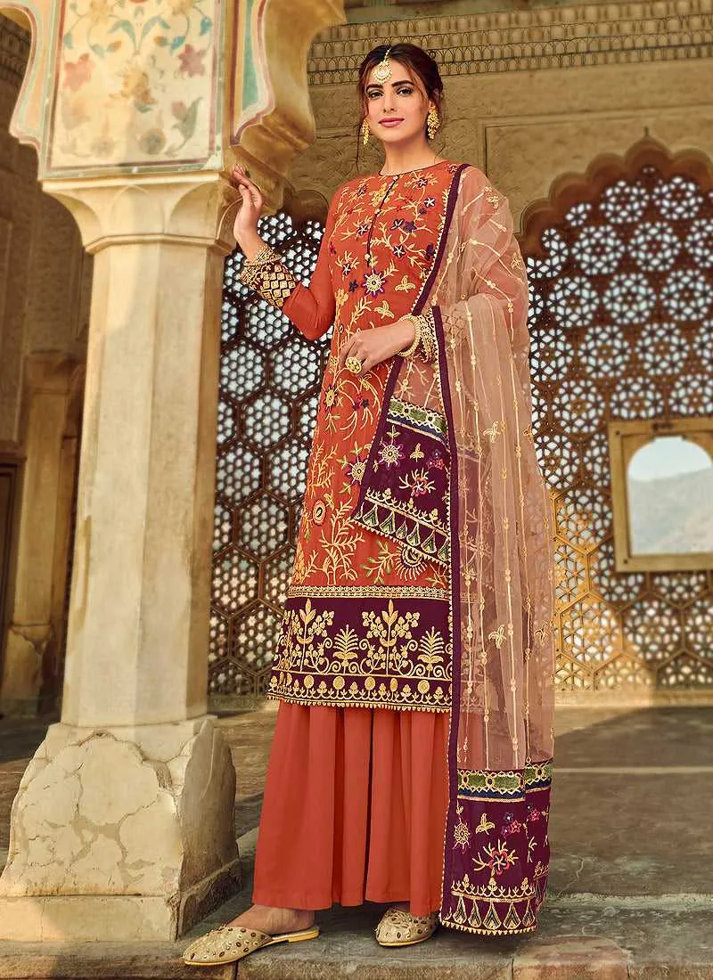 Orange Embroidered Palazzo Style Suit