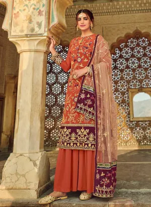 Orange Embroidered Palazzo Style Suit