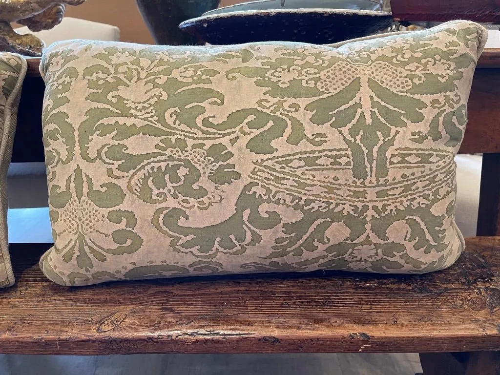 PAIR OF OLIVE GREEN & CREAM COTTON FORTUNY PILLOWS