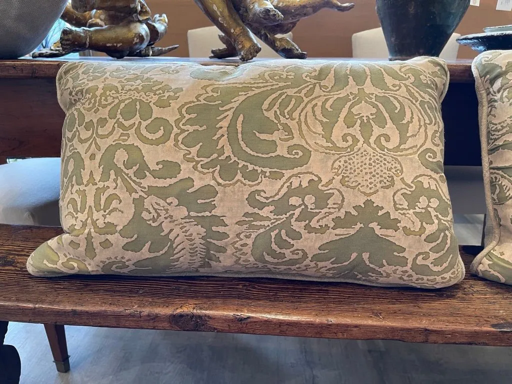 PAIR OF OLIVE GREEN & CREAM COTTON FORTUNY PILLOWS