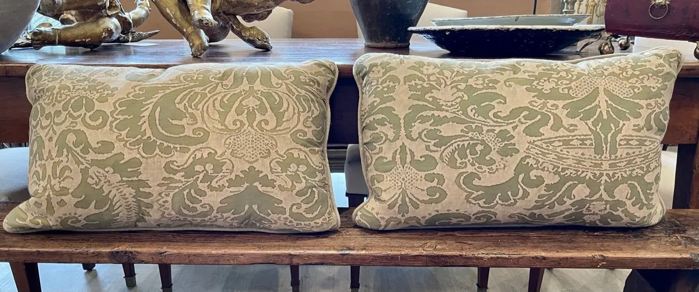 PAIR OF OLIVE GREEN & CREAM COTTON FORTUNY PILLOWS