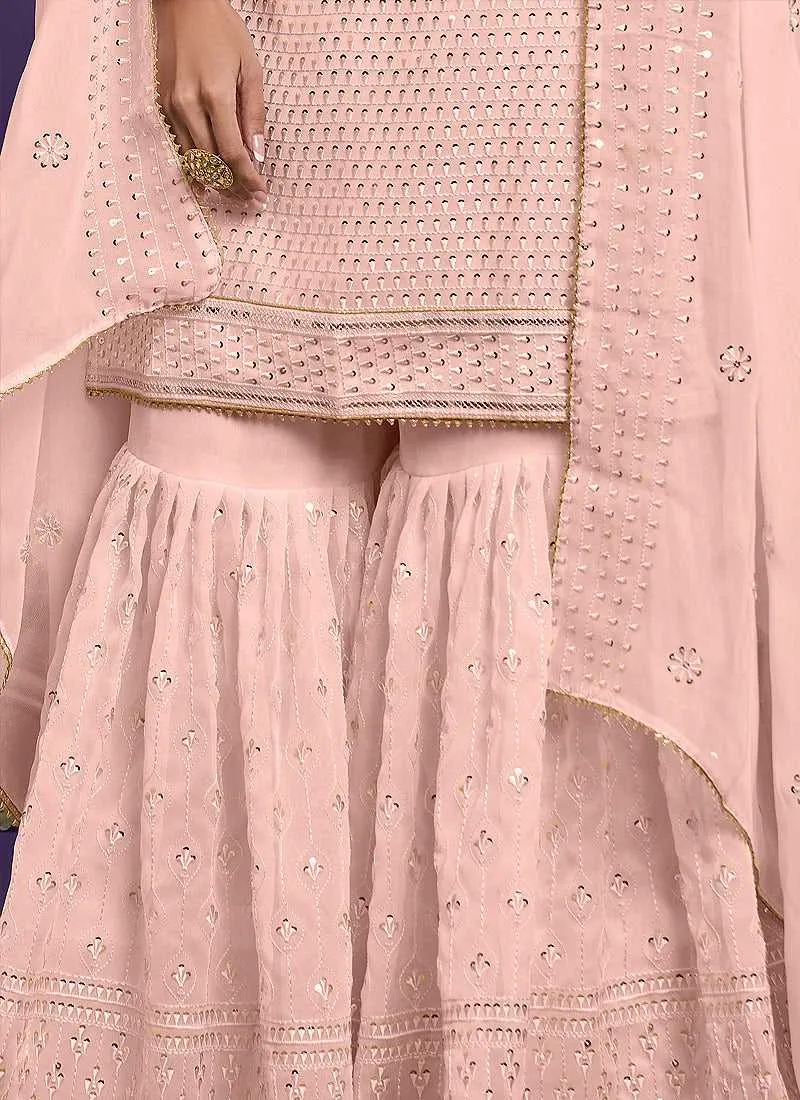 Peach Embroidered Gharara Style Suit