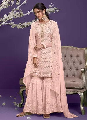 Peach Embroidered Gharara Style Suit