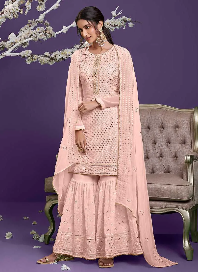 Peach Embroidered Gharara Style Suit