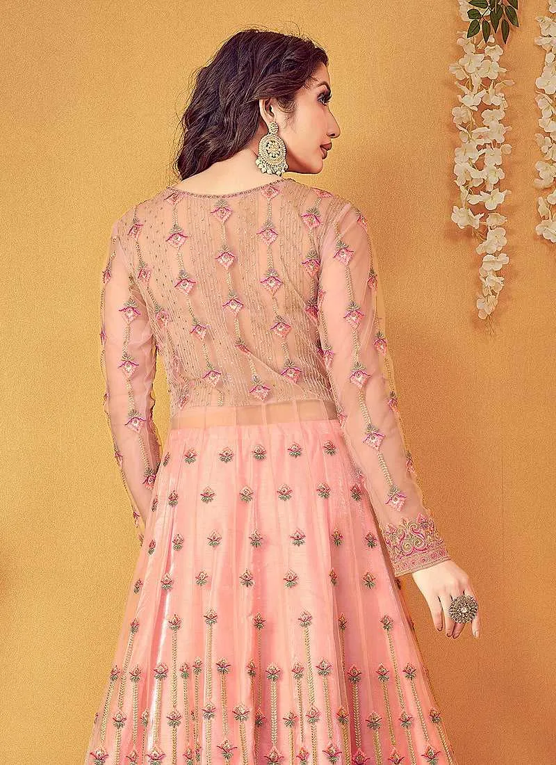 Peach Floral Embroidered Designer Lehenga Style Anarkali