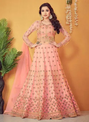 Peach Floral Embroidered Designer Lehenga Style Anarkali