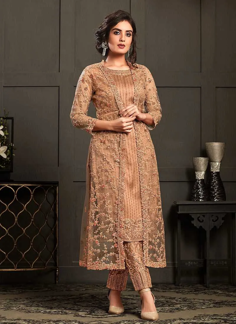 Peach Heavy Embroidered Jacket Style Anarkali Suit