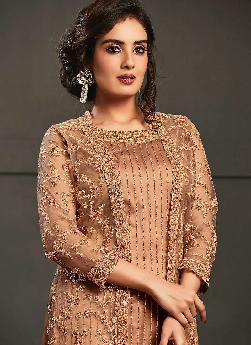 Peach Heavy Embroidered Jacket Style Anarkali Suit