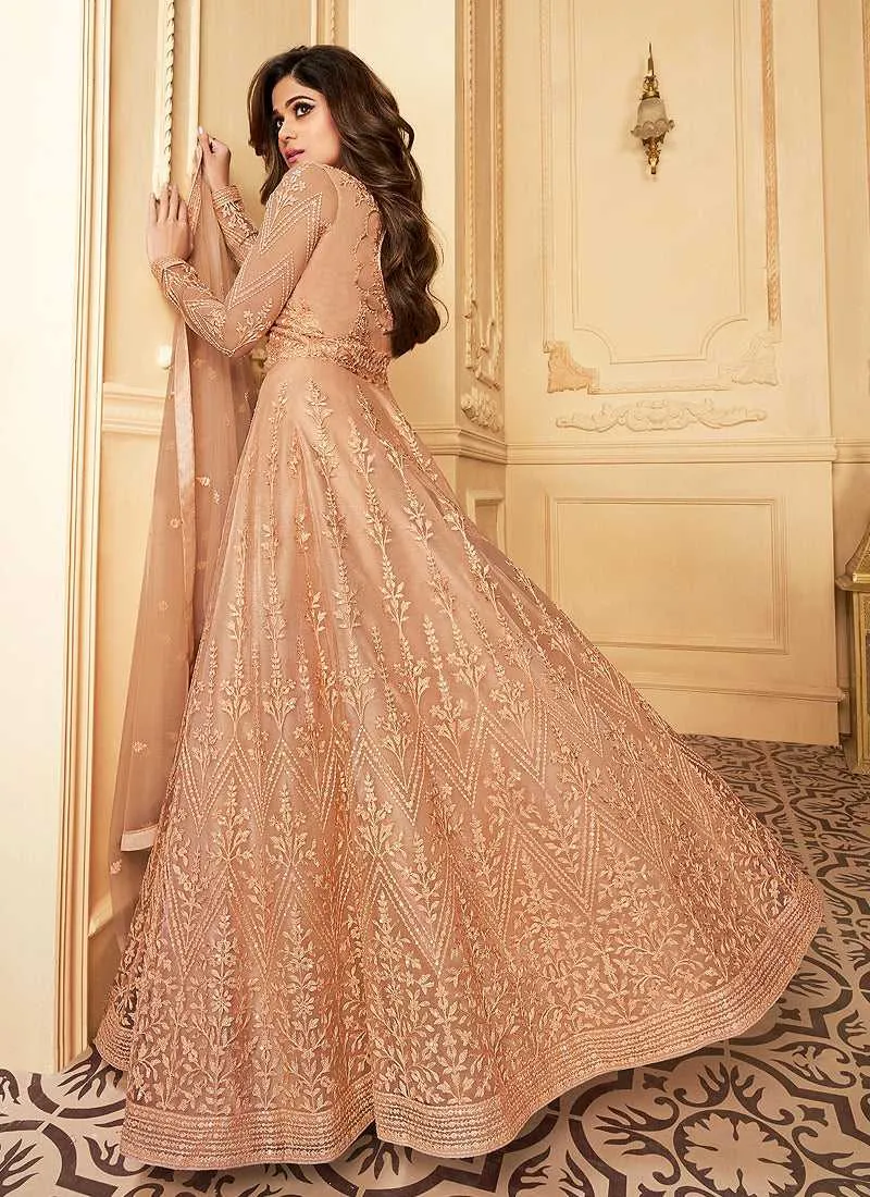 Peach Heavy Embroidered Kalidar Gown Style Anarkali