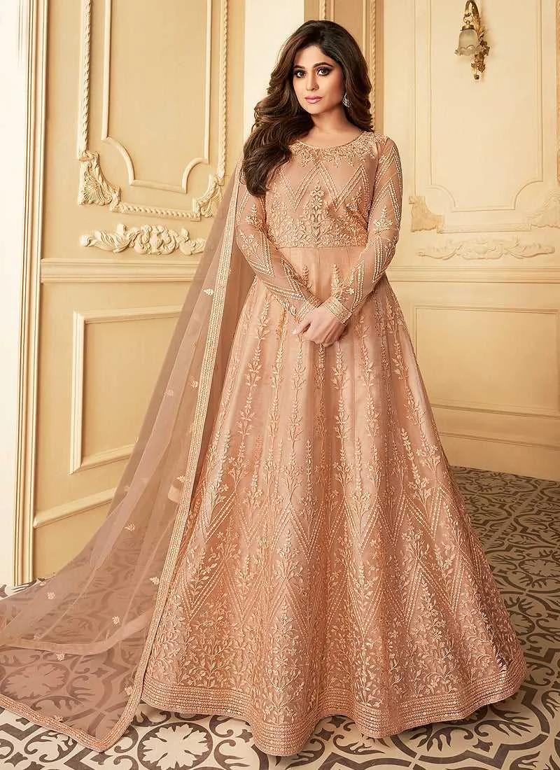 Peach Heavy Embroidered Kalidar Gown Style Anarkali