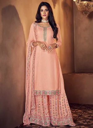 Peach Mirror Embroidered Palazzo Style Suit