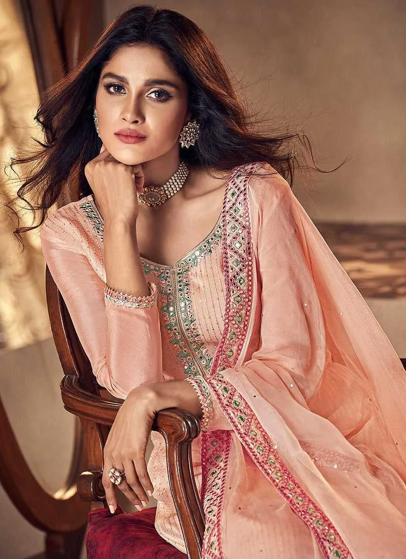 Peach Mirror Embroidered Palazzo Style Suit