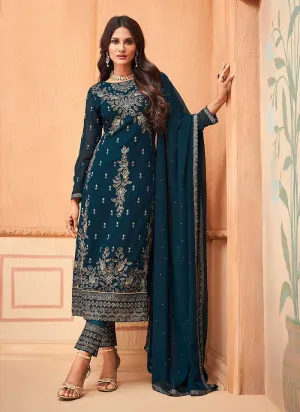 Peacock Blue Embroidered Straight Pant Style Suit