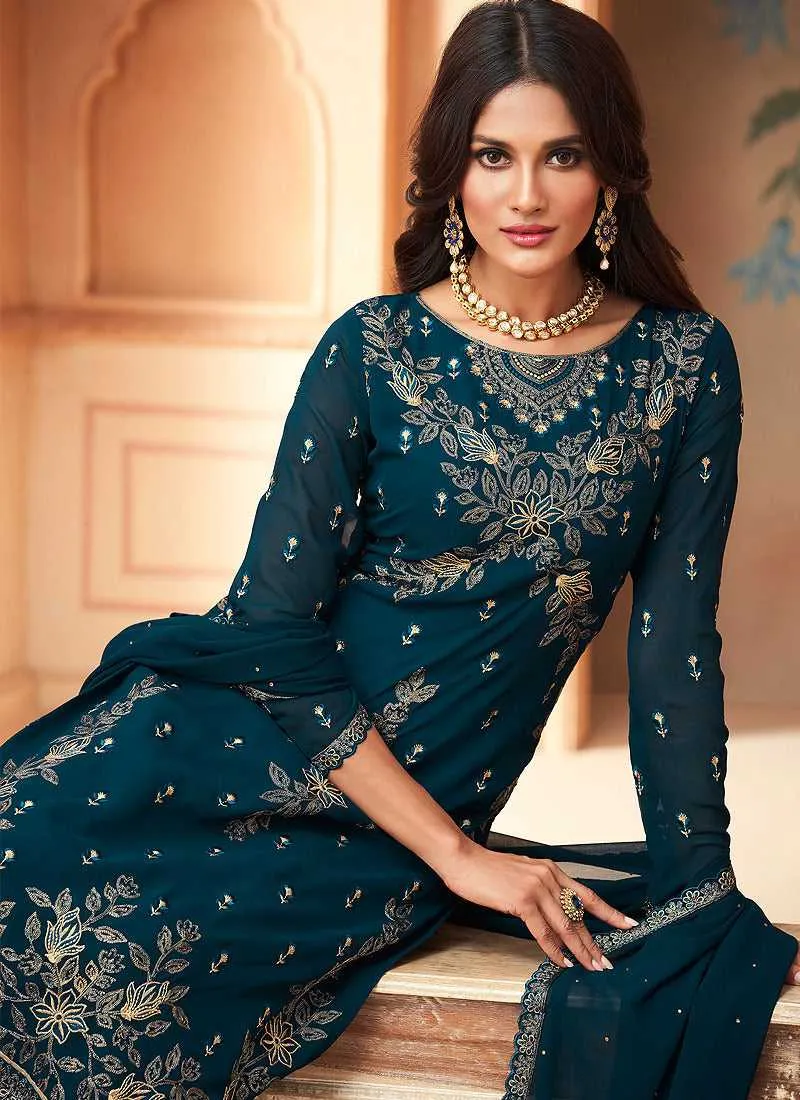Peacock Blue Embroidered Straight Pant Style Suit