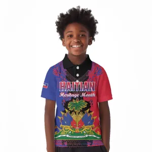 Personalised Haitian Heritage Month Kid Polo Shirt Coat Of Arms With Dashiki Pattern LT15