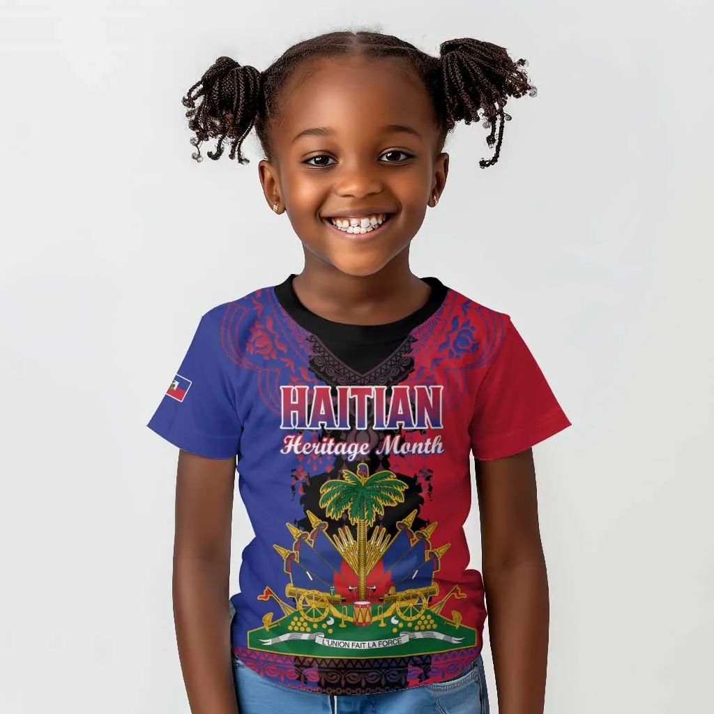 Personalised Haitian Heritage Month Kid T shirt Coat Of Arms With Dashiki Pattern LT15