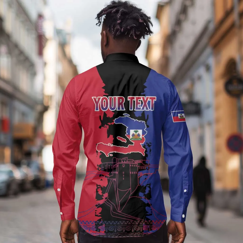 Personalised Haitian Heritage Month Long Sleeve Button Shirt Coat Of Arms With Dashiki Pattern LT15
