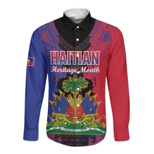 Personalised Haitian Heritage Month Long Sleeve Button Shirt Coat Of Arms With Dashiki Pattern LT15