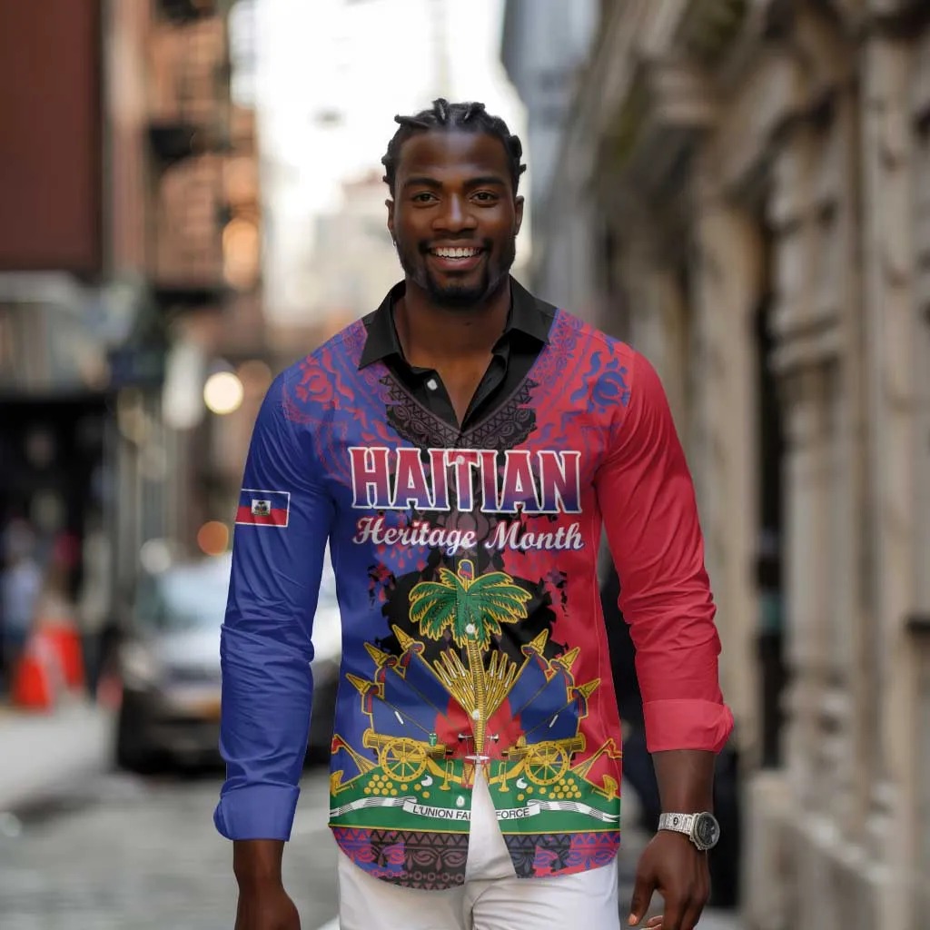 Personalised Haitian Heritage Month Long Sleeve Button Shirt Coat Of Arms With Dashiki Pattern LT15