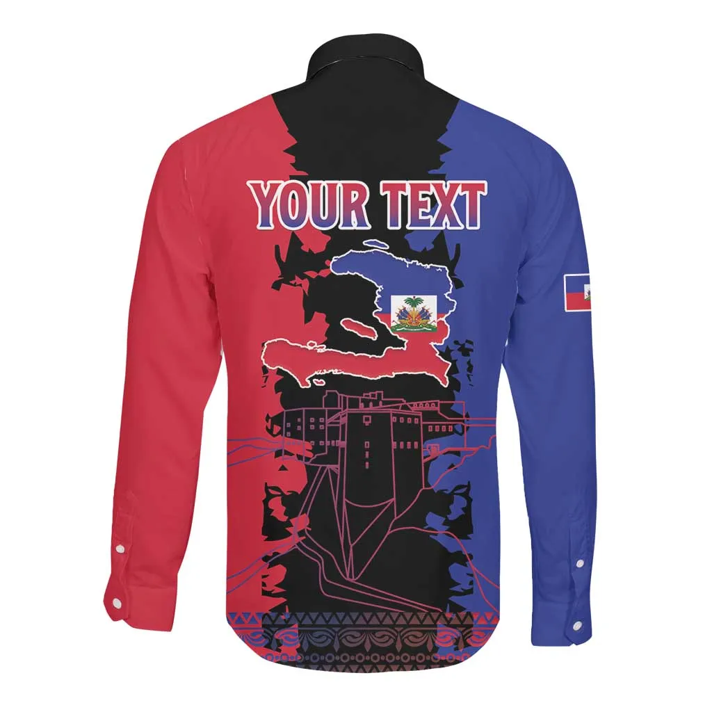 Personalised Haitian Heritage Month Long Sleeve Button Shirt Coat Of Arms With Dashiki Pattern LT15