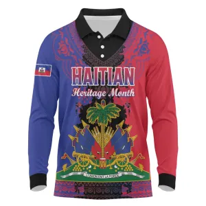 Personalised Haitian Heritage Month Long Sleeve Polo Shirt Coat Of Arms With Dashiki Pattern LT15