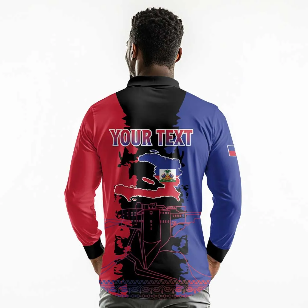 Personalised Haitian Heritage Month Long Sleeve Polo Shirt Coat Of Arms With Dashiki Pattern LT15