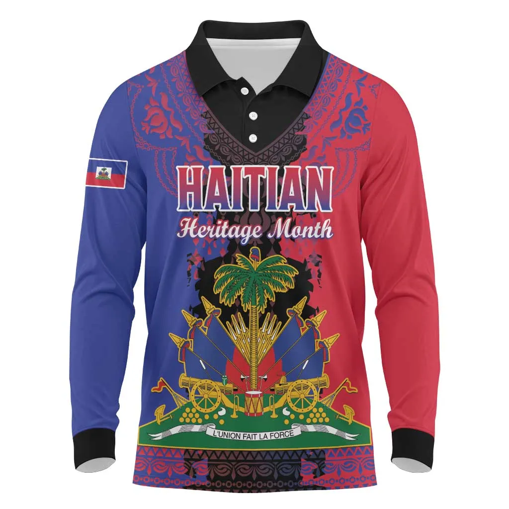 Personalised Haitian Heritage Month Long Sleeve Polo Shirt Coat Of Arms With Dashiki Pattern LT15
