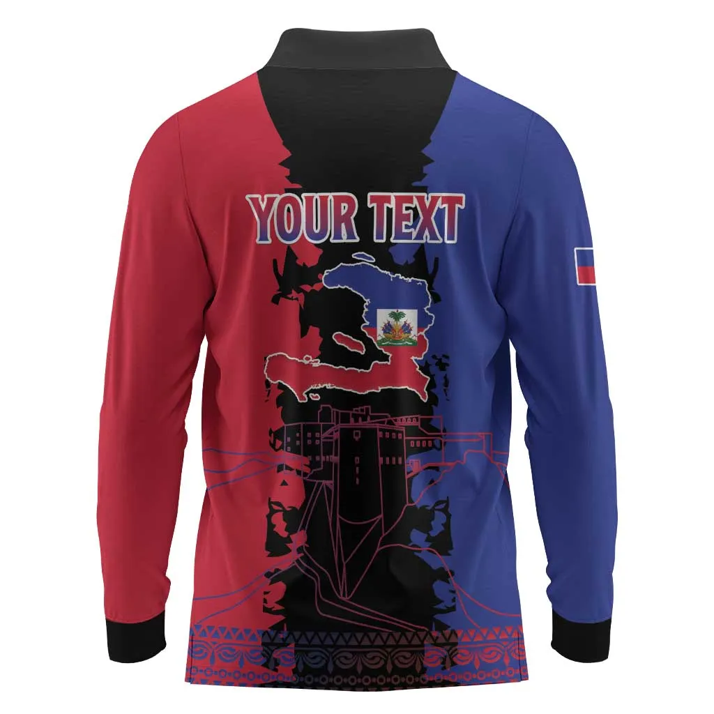 Personalised Haitian Heritage Month Long Sleeve Polo Shirt Coat Of Arms With Dashiki Pattern LT15