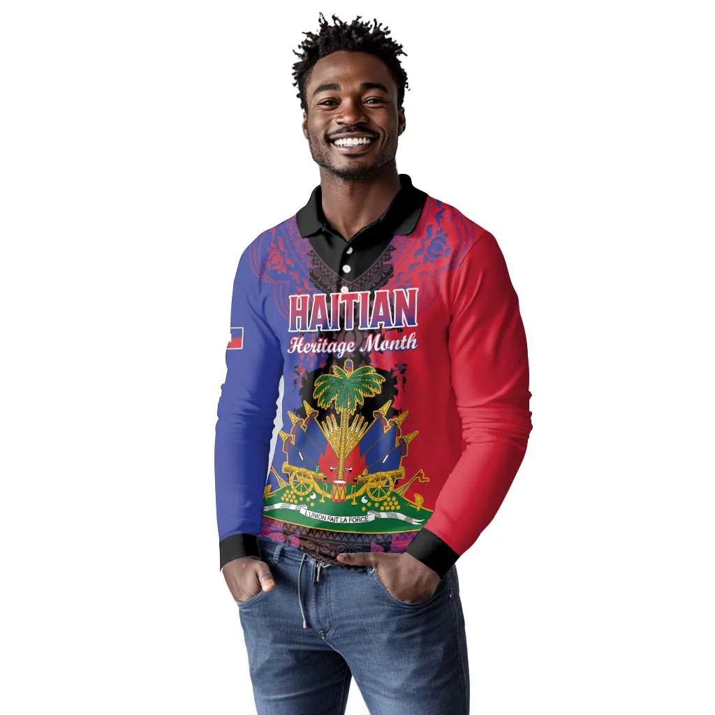 Personalised Haitian Heritage Month Long Sleeve Polo Shirt Coat Of Arms With Dashiki Pattern LT15