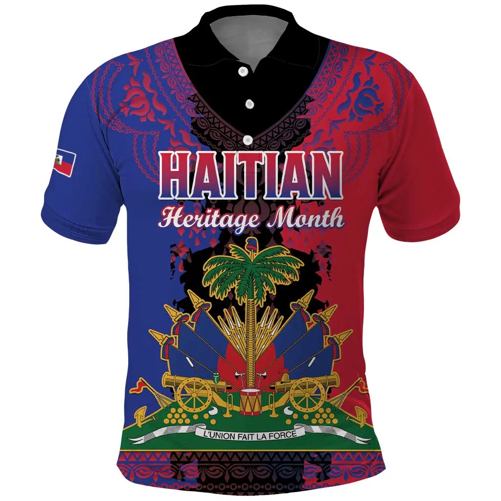Personalised Haitian Heritage Month Polo Shirt Coat Of Arms With Dashiki Pattern LT15