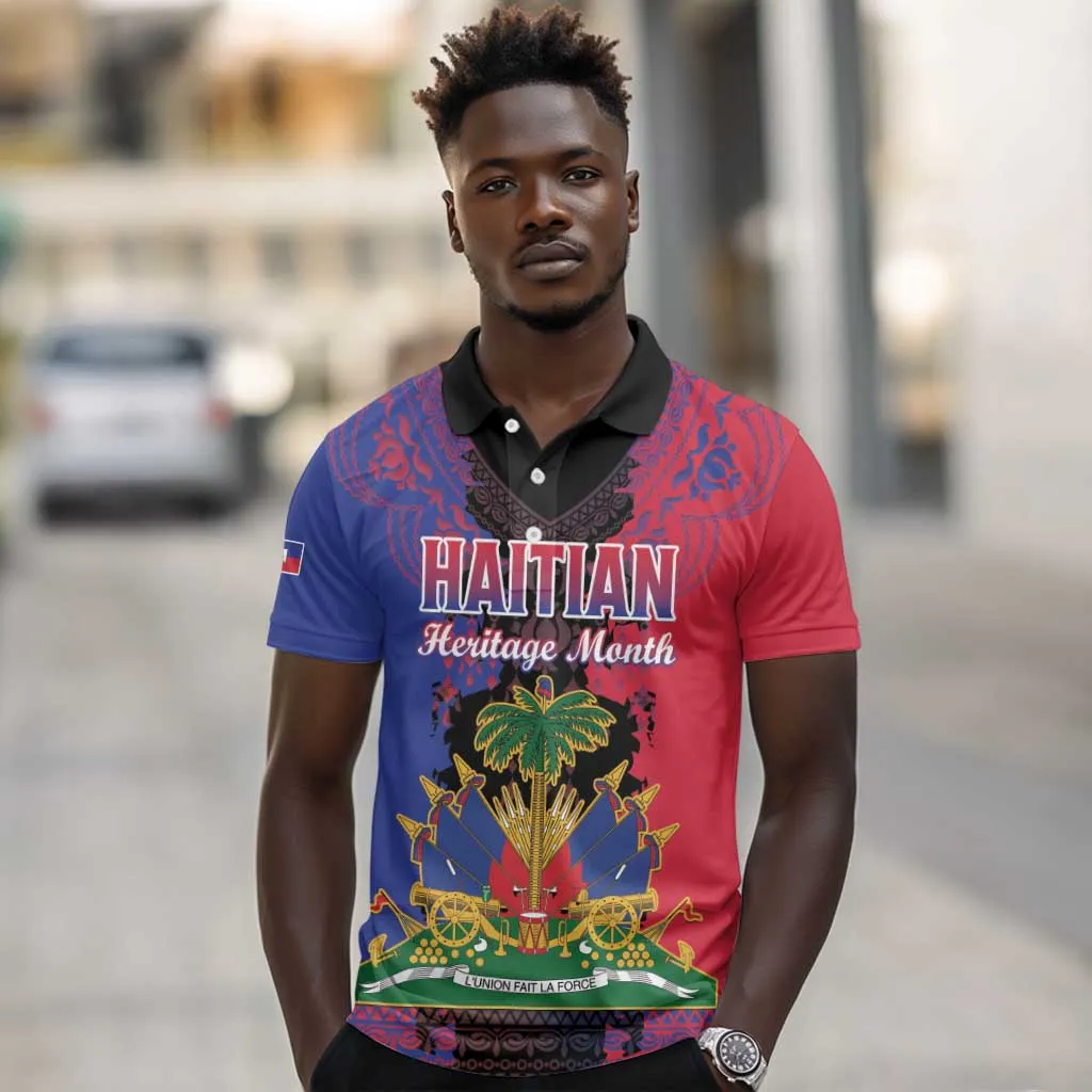 Personalised Haitian Heritage Month Polo Shirt Coat Of Arms With Dashiki Pattern LT15
