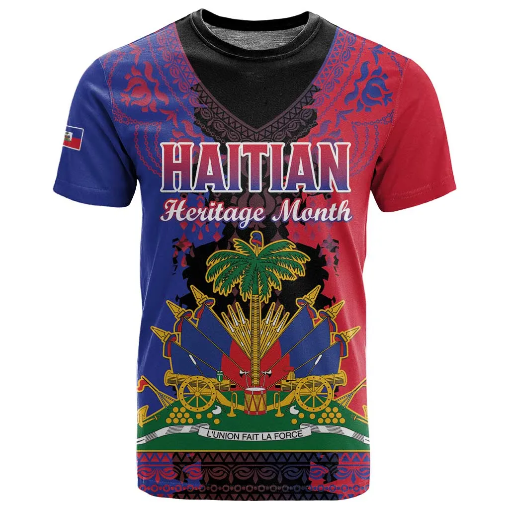 Personalised Haitian Heritage Month T shirt Coat Of Arms With Dashiki Pattern LT15