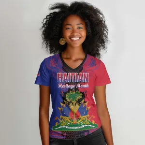 Personalised Haitian Heritage Month Women V-Neck T-Shirt Coat Of Arms With Dashiki Pattern LT15