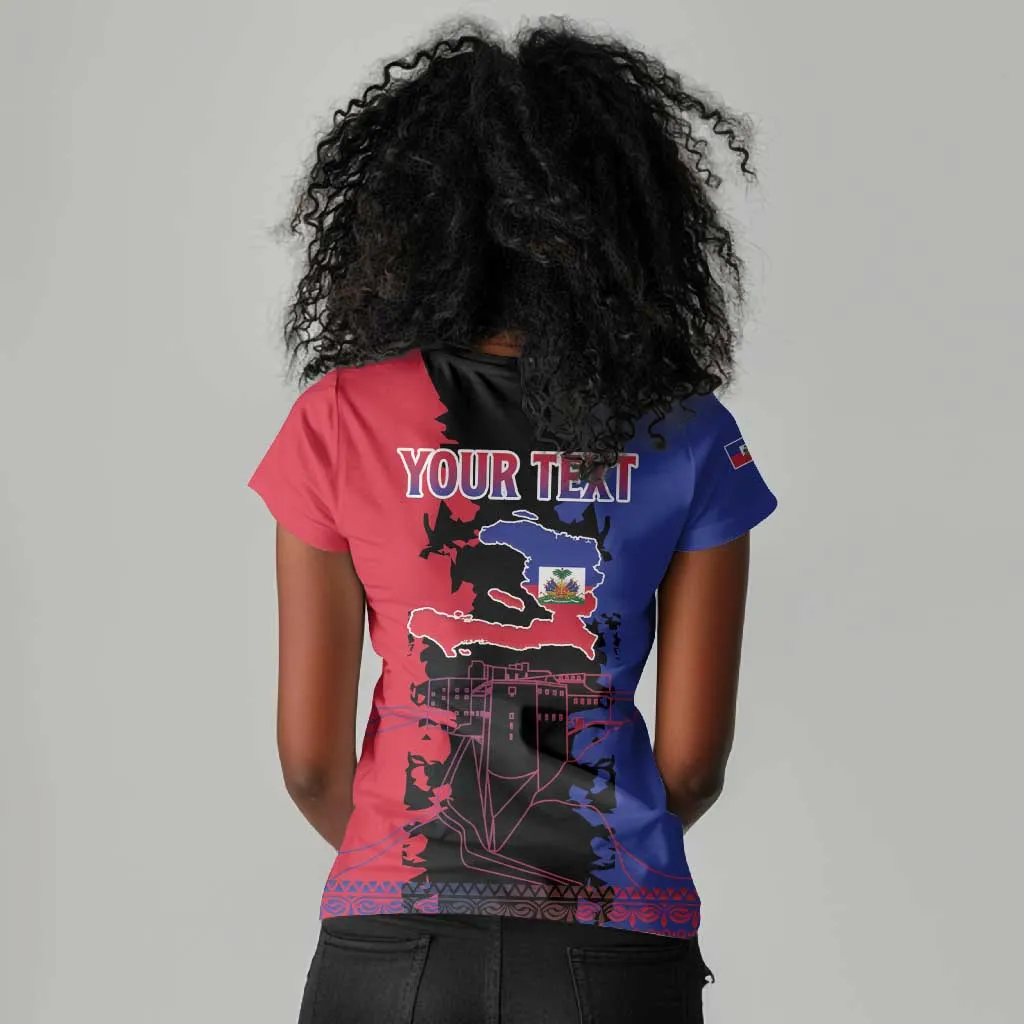 Personalised Haitian Heritage Month Women V-Neck T-Shirt Coat Of Arms With Dashiki Pattern LT15