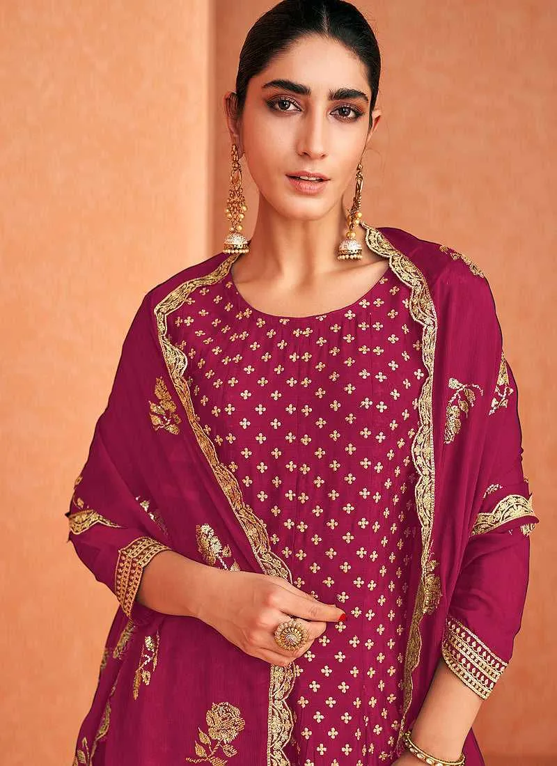Pink and Gold Embroidered Sharara Style Suit