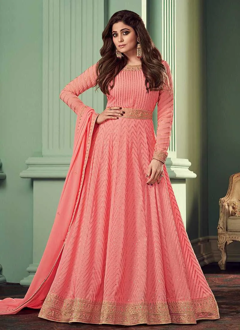 Pink and Gold Heavy Embroidered Gown Style Anarkali