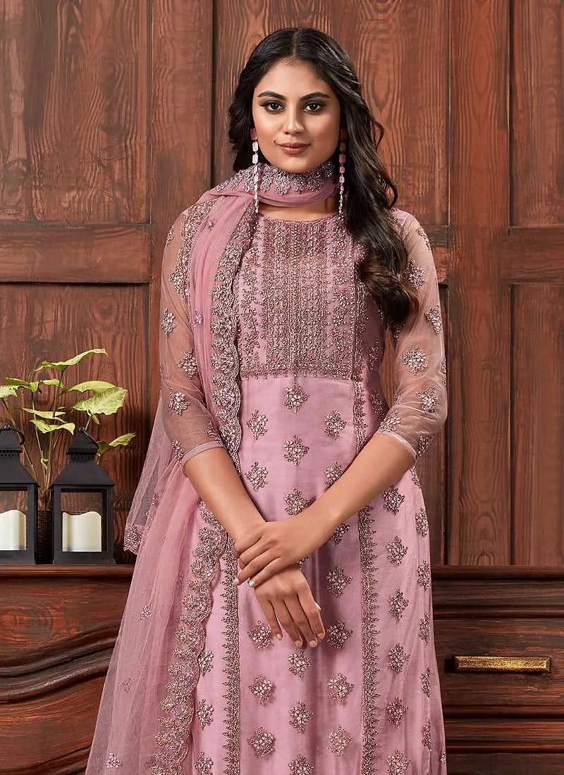 Pink Color Heavy Embroidered Plazzo Style Suit